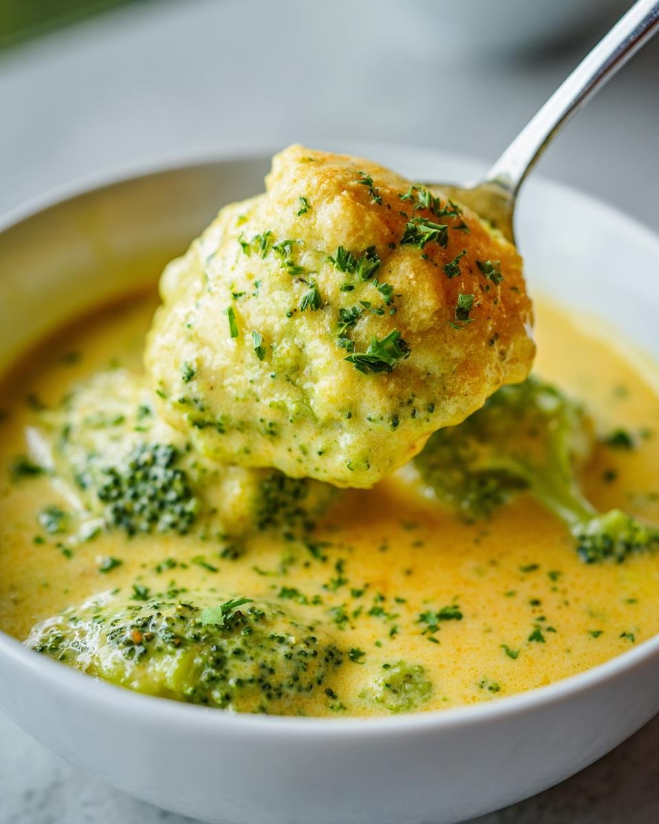 Ein L&ouml;ffel mit K&auml;se-Brokkoli-Mischung wird aus einer Sch&uuml;ssel mit cremiger Broccoli Cheese Soup gehoben.
