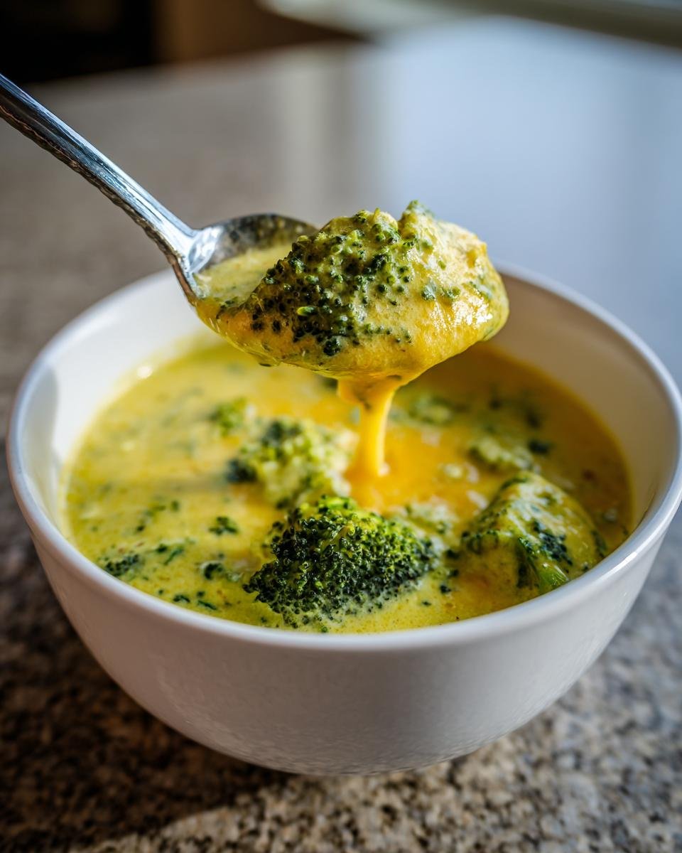 Ein L&ouml;ffel voller cremiger Broccoli Cheese Soup wird aus einer wei&szlig;en Sch&uuml;ssel gehoben.