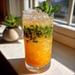 Ein erfrischender Brown Sugar Peach Mint Julep Mocktail mit zersto&szlig;enem Eis und Minze.