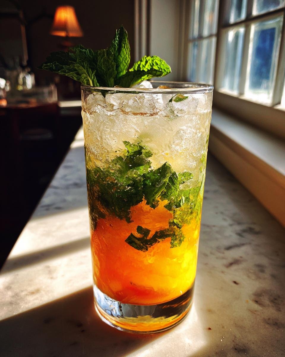 Ein erfrischender Brown Sugar Peach Mint Julep Mocktail mit zersto&szlig;enem Eis, Minze und Pfirsichst&uuml;cken in einem hohen Glas.