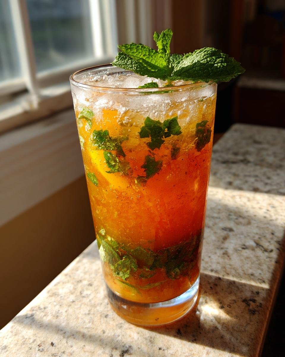 Ein erfrischender Brown Sugar Peach Mint Julep Mocktail mit zersto&szlig;enem Eis und Minze.