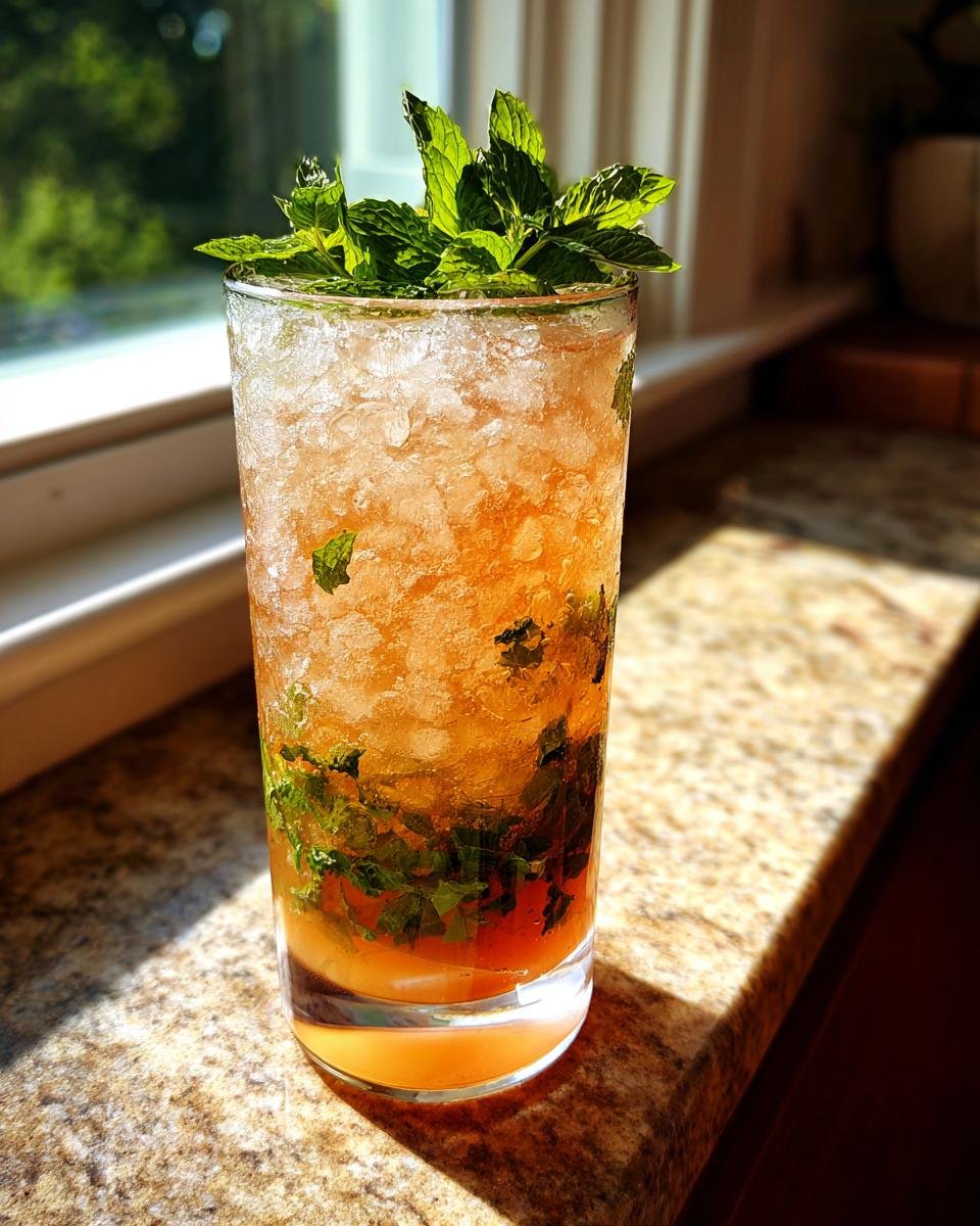 Ein hohes Glas mit einem Brown Sugar Peach Mint Julep Mocktail, gef&uuml;llt mit zersto&szlig;enem Eis und Minze.