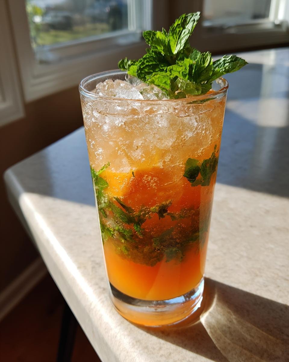 Ein erfrischender Brown Sugar Peach Mint Julep Mocktail mit viel zersto&szlig;enem Eis und Minze.