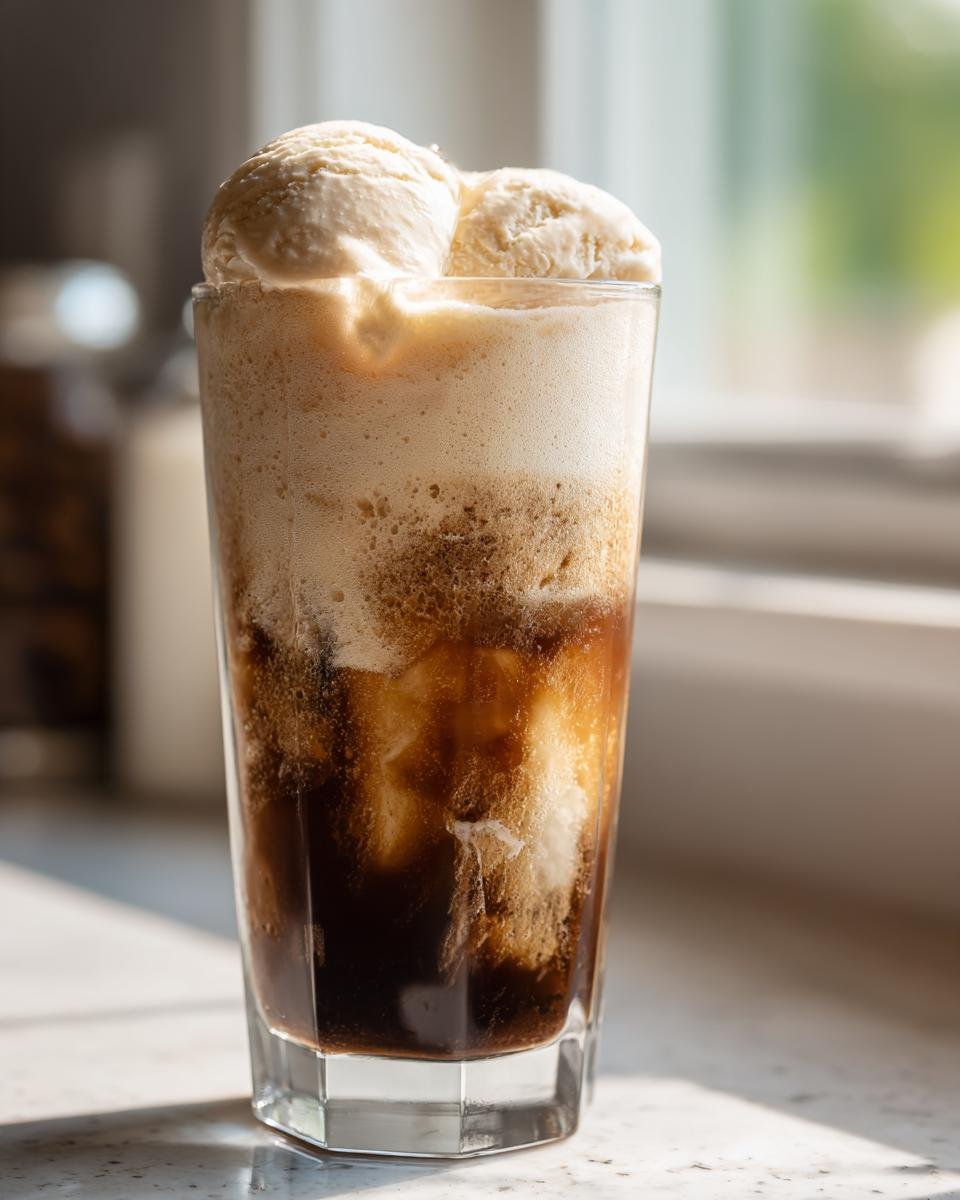 Nahaufnahme eines Cappuccino Ice Cream Float mit zwei Kugeln Vanilleeis und dunklem Kaffeegetr&auml;nk.