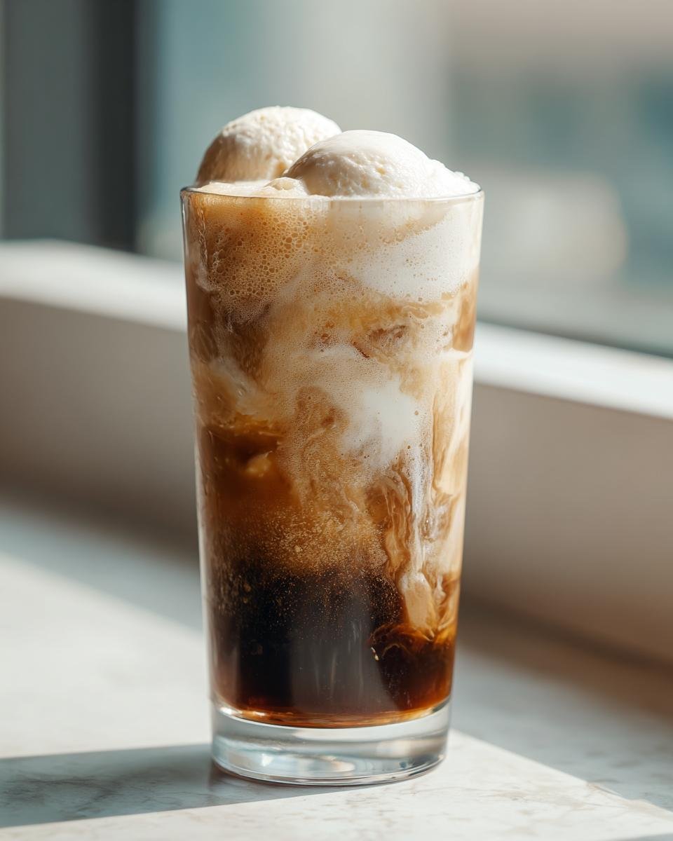 Nahaufnahme eines Cappuccino Ice Cream Float mit zwei Kugeln Eis in einem hohen Glas.