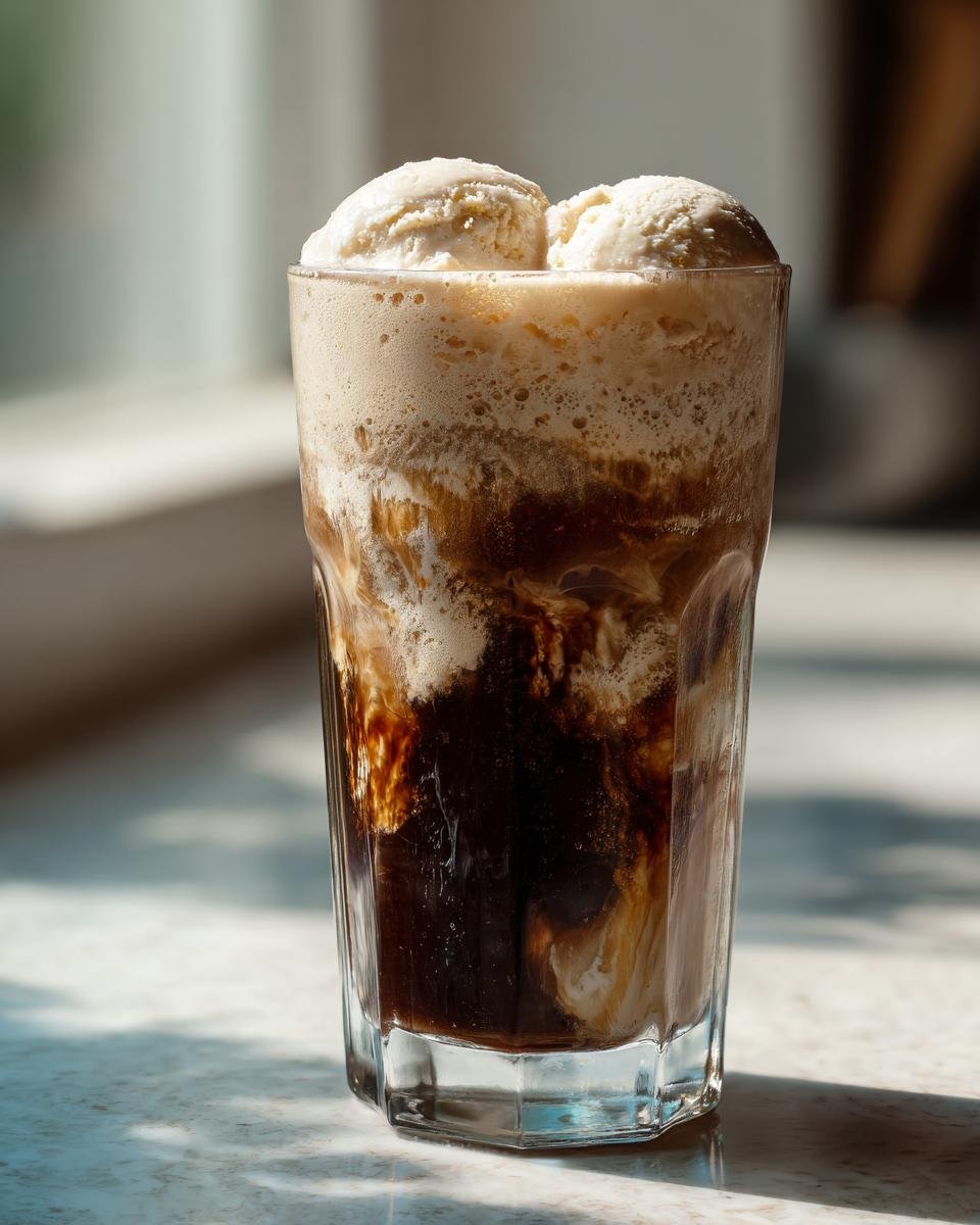 Nahaufnahme eines Cappuccino Ice Cream Float mit zwei Kugeln Vanilleeis und dunklem Kaffee.