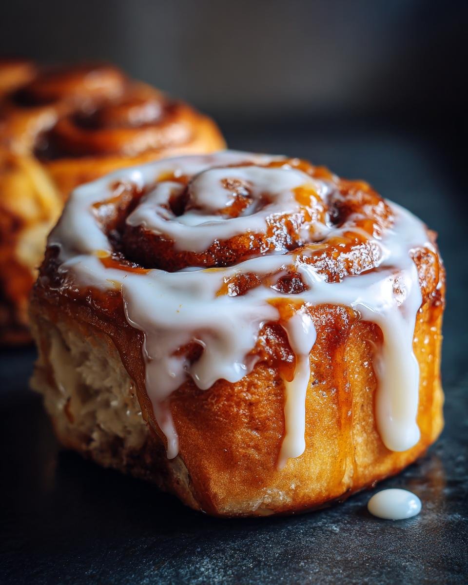 Nahaufnahme eines saftigen Caramel Sweet Rolls, bedeckt mit dickem, wei&szlig;em Zuckerguss, der herunterl&auml;uft.