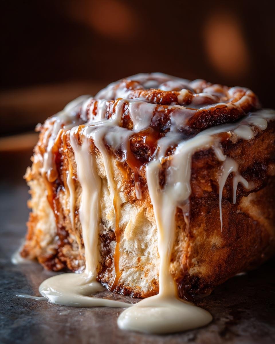 Ein einzelner, saftiger Caramel Sweet Roll mit dickem, wei&szlig;em Zuckerguss, der herunterl&auml;uft.