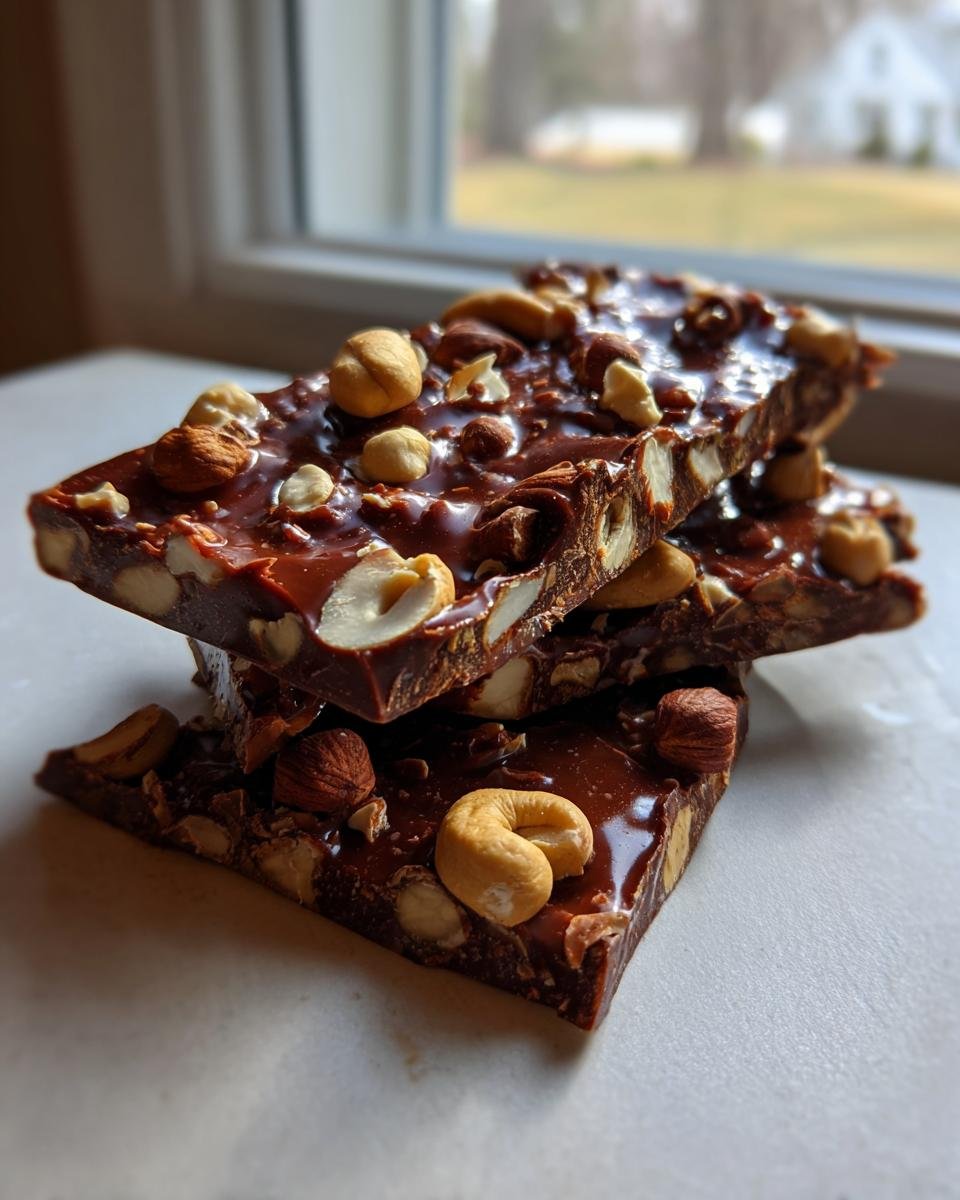 Stapel von drei St&uuml;cken Cashew-Haselnuss Toffee Bark mit gl&auml;nzender Schokolade und ganzen N&uuml;ssen.