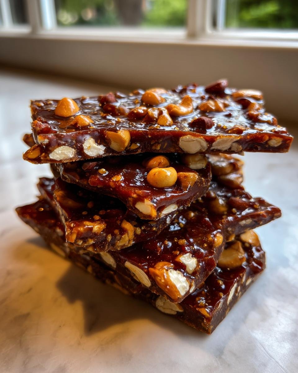 Stapel von dunklen, gl&auml;nzenden St&uuml;cken Cashew Und Haselnuss Toffee Bark mit ganzen N&uuml;ssen.