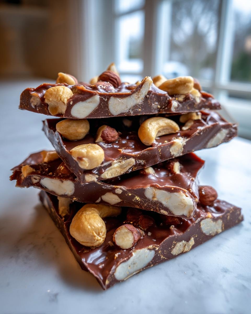 Gestapelte St&uuml;cke Cashew- und Haselnuss-Toffee-Riegel mit dunkler Schokolade und ganzen N&uuml;ssen.