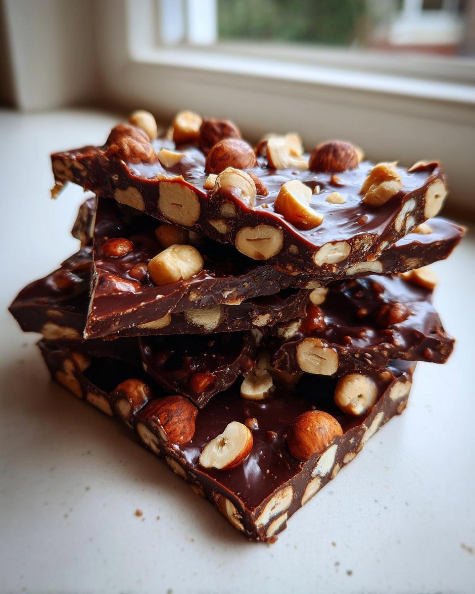 Stapel von St&uuml;cken Cashew- und Haselnuss-Toffee-Riegel mit dunkler Schokolade und ganzen N&uuml;ssen.