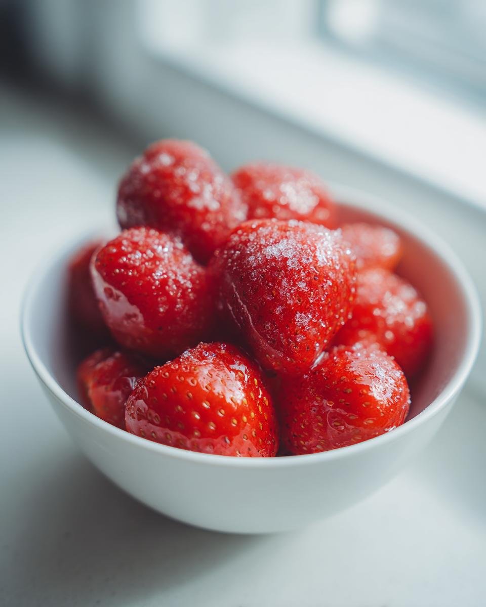 Nahaufnahme von leuchtend roten Erdbeeren mit Zuckerkristallen in einer wei&szlig;en Schale, ideal f&uuml;r Champagne Strawberries.
