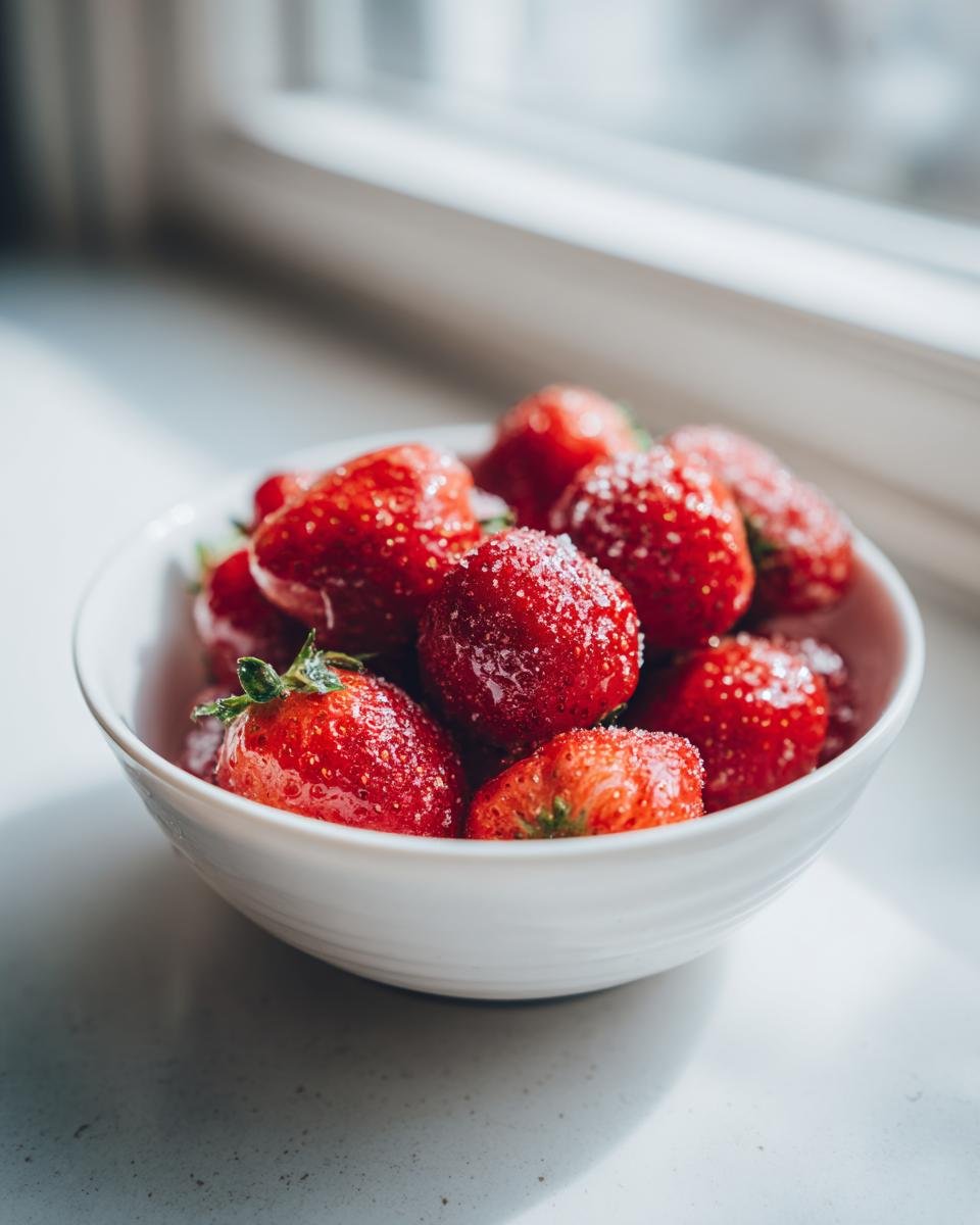 Nahaufnahme von gl&auml;nzenden Champagne Strawberries mit Zuckerkristallen in einer wei&szlig;en Schale am Fenster.