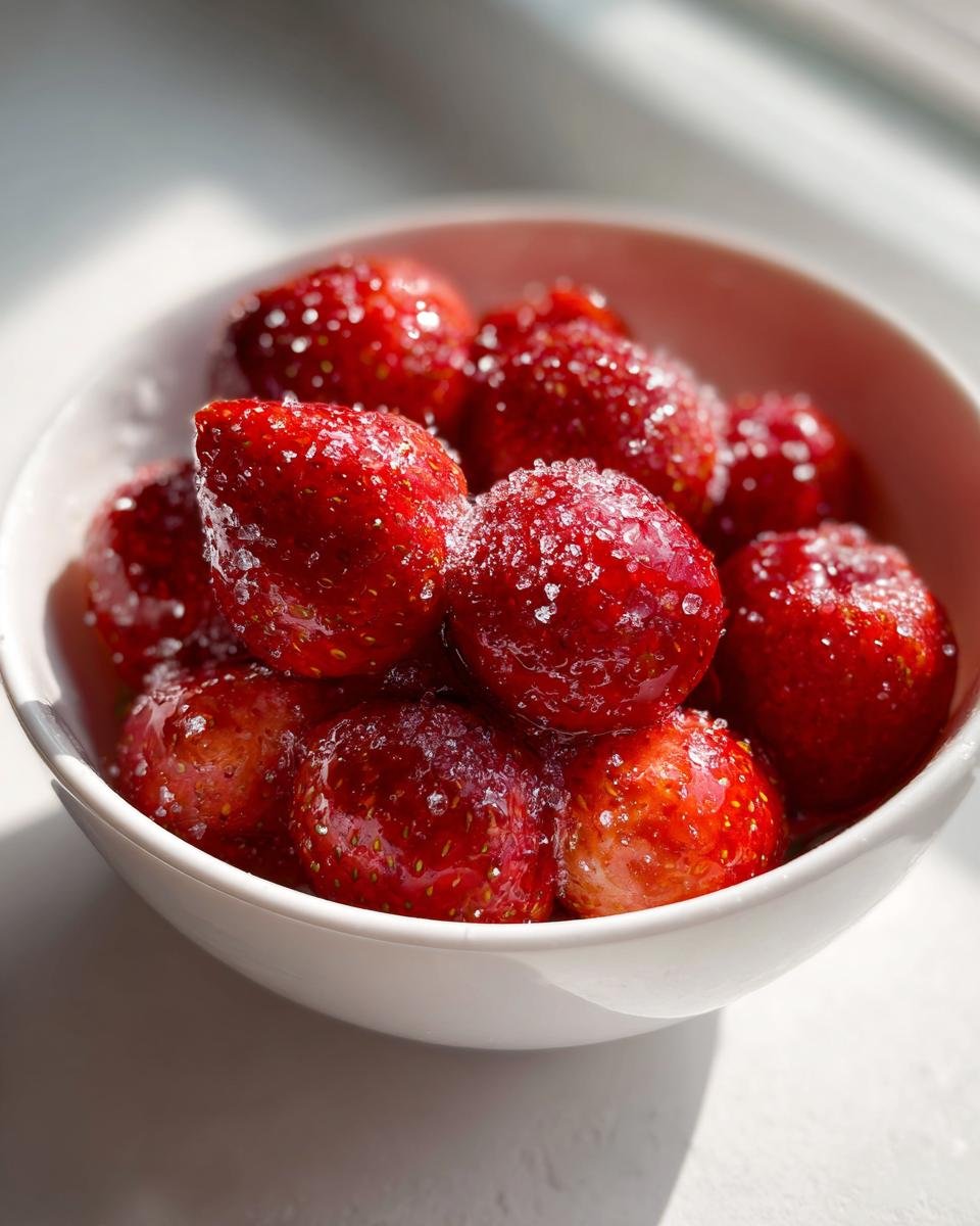 Nahaufnahme von leuchtend roten Champagne Strawberries, bedeckt mit Zuckerkristallen, in einer wei&szlig;en Schale.