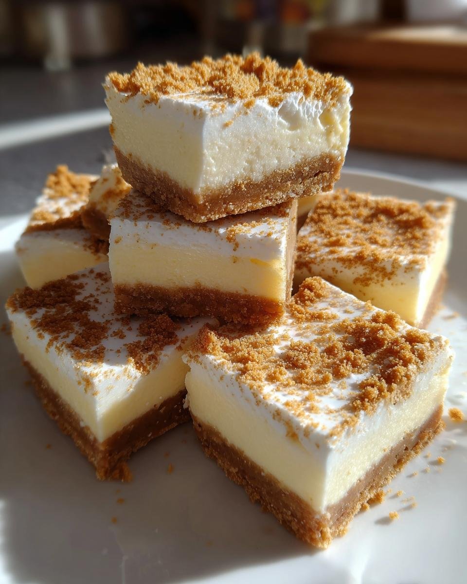 Gestapelte St&uuml;cke von cremigem Cheesecake Bark mit dickem Keksboden und Streuseln.