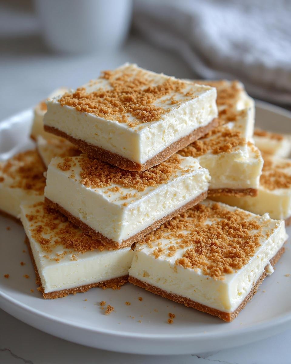 Gestapelte Quadrate von cremigem Cheesecake Bark auf einem wei&szlig;en Teller, bestreut mit braunen Keksstreuseln.