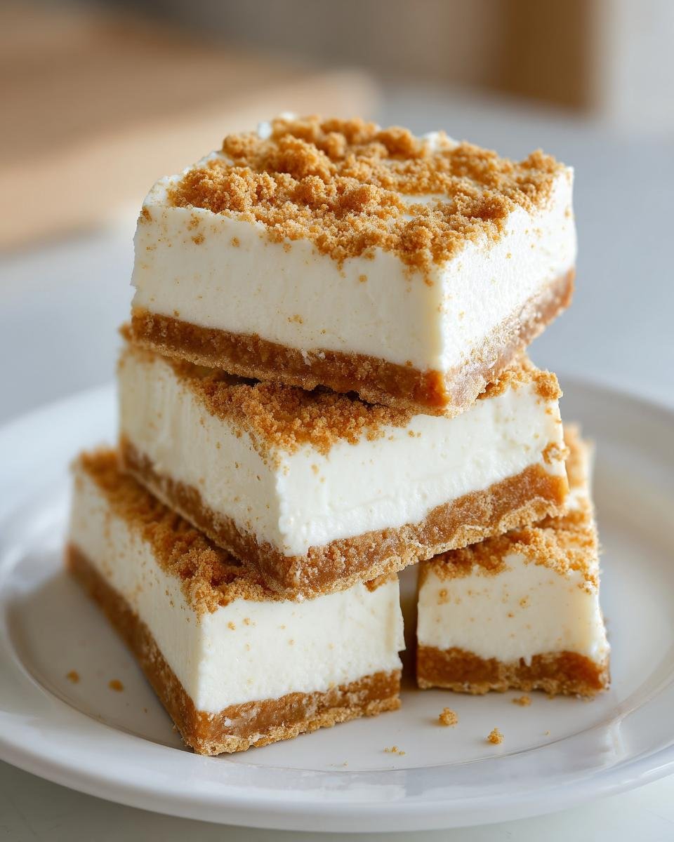 Drei gestapelte St&uuml;cke Cheesecake Bark mit cremiger F&uuml;llung und knusprigem Keksboden und Streusel.