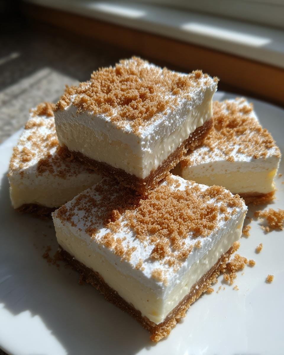 Vier quadratische St&uuml;cke Cheesecake Bark mit Keksboden und Streuseln auf einem wei&szlig;en Teller.