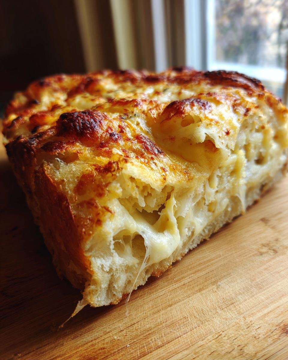 Nahaufnahme eines St&uuml;cks Cheesy Garlic Bread mit goldbraun gebackenem K&auml;se und geschmolzenem K&auml;se, der F&auml;den zieht.