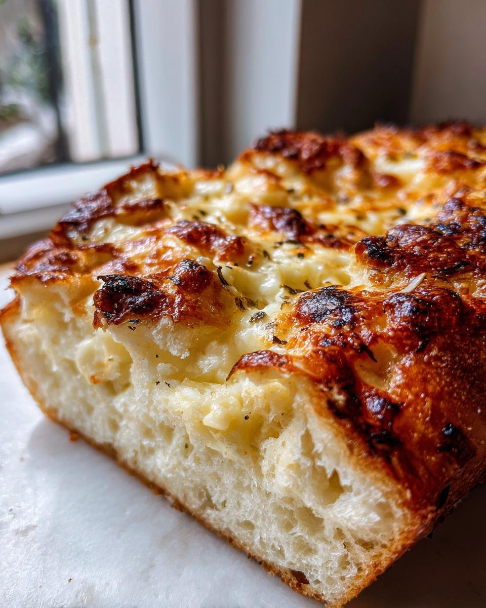 Nahaufnahme des Anschnitts von fluffigem Cheesy Garlic Bread mit goldbraun gebackener K&auml;sekruste.