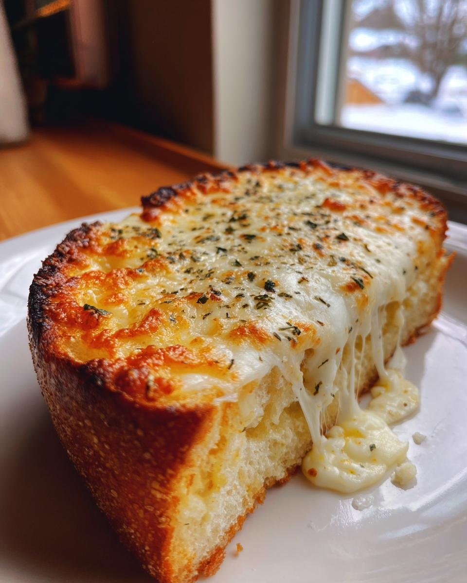 Nahaufnahme eines St&uuml;cks Cheesy Garlic Bread mit geschmolzenem, ziehendem K&auml;se und Kr&auml;utern.