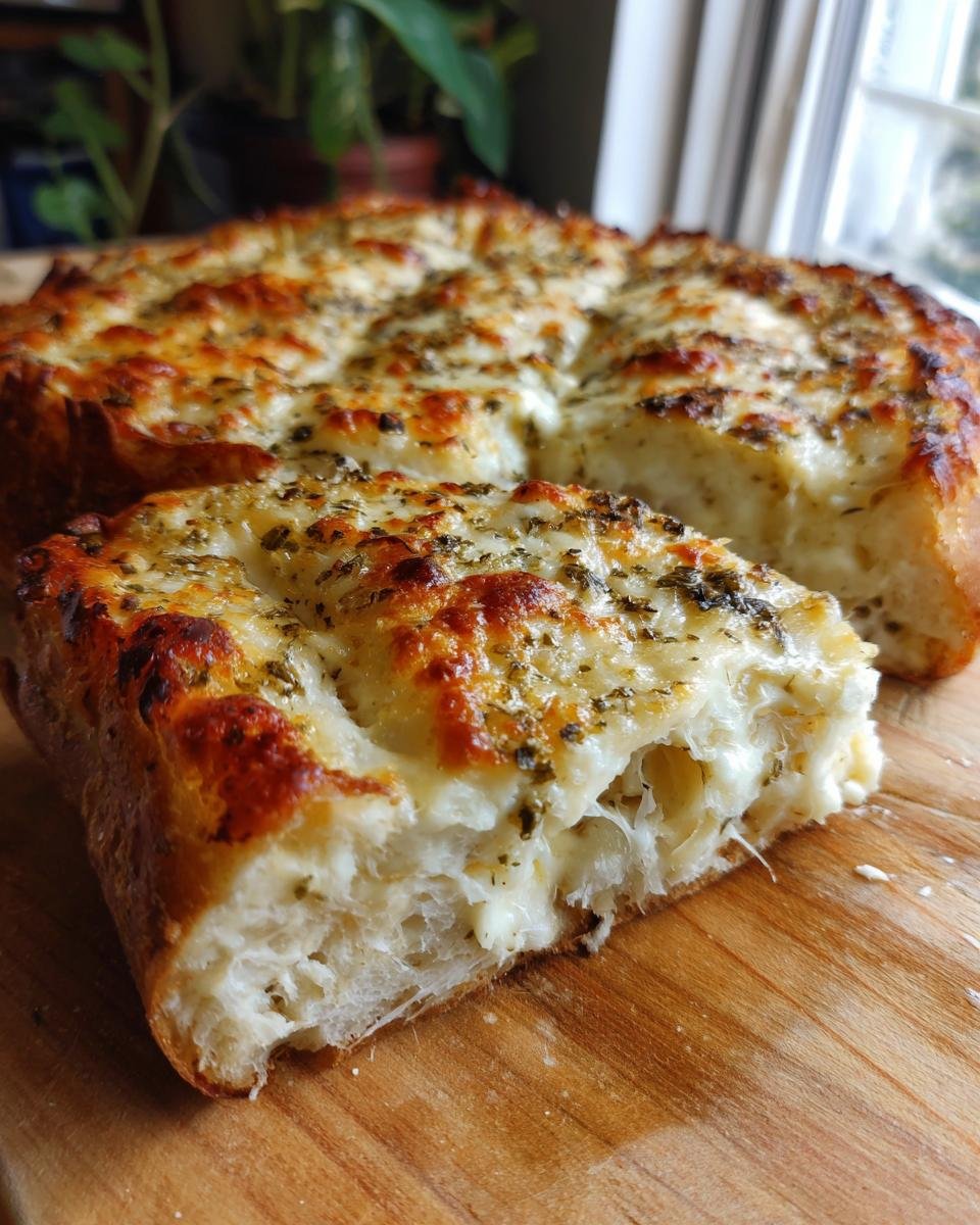 Ein St&uuml;ck Cheesy Garlic Bread mit fluffiger Krume und goldbraun gebackenem K&auml;se.