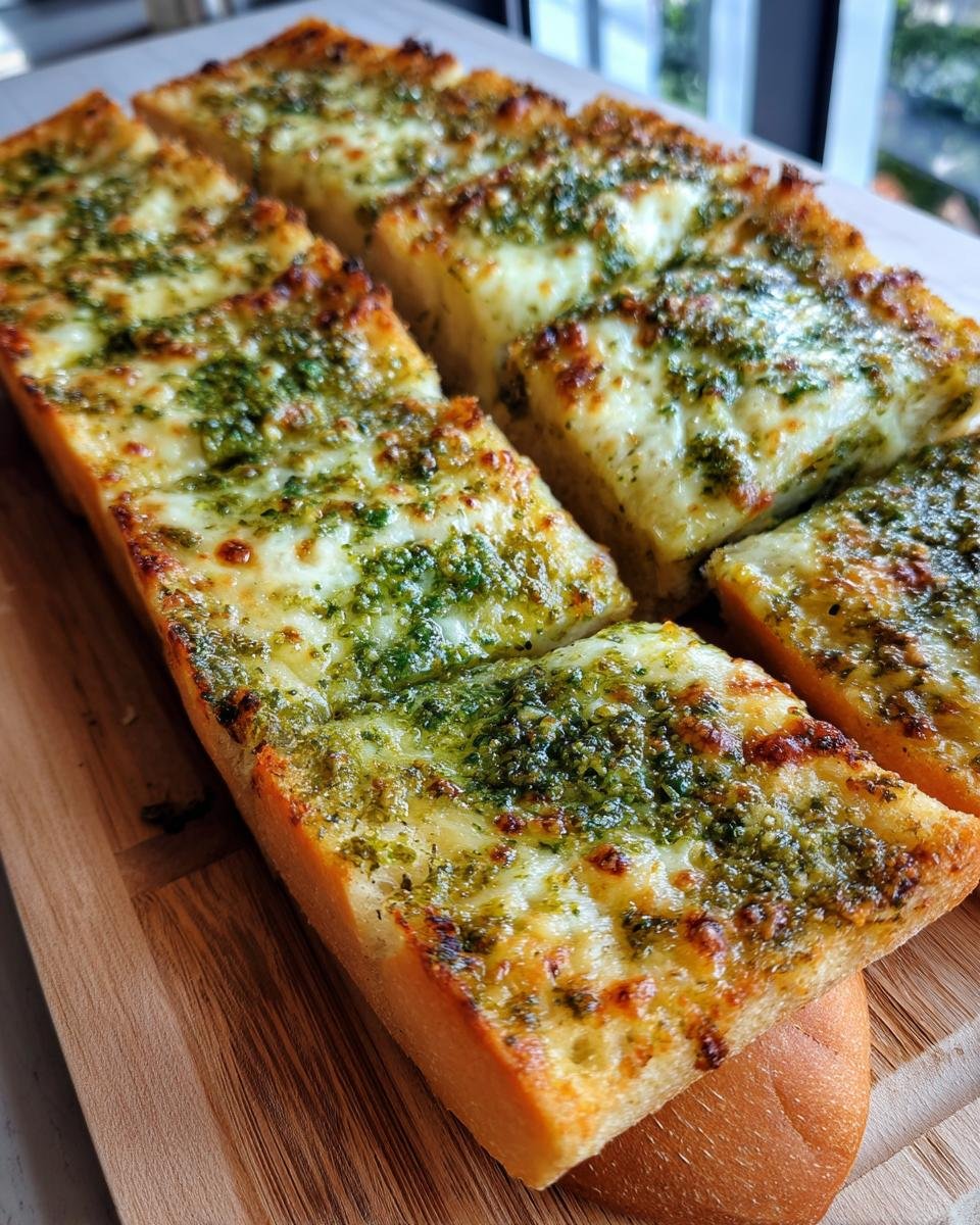Mehrere St&uuml;cke von gebackenem Cheesy Pesto Garlic Bread mit geschmolzenem K&auml;se und gr&uuml;nem Pesto auf einem Holzbrett.