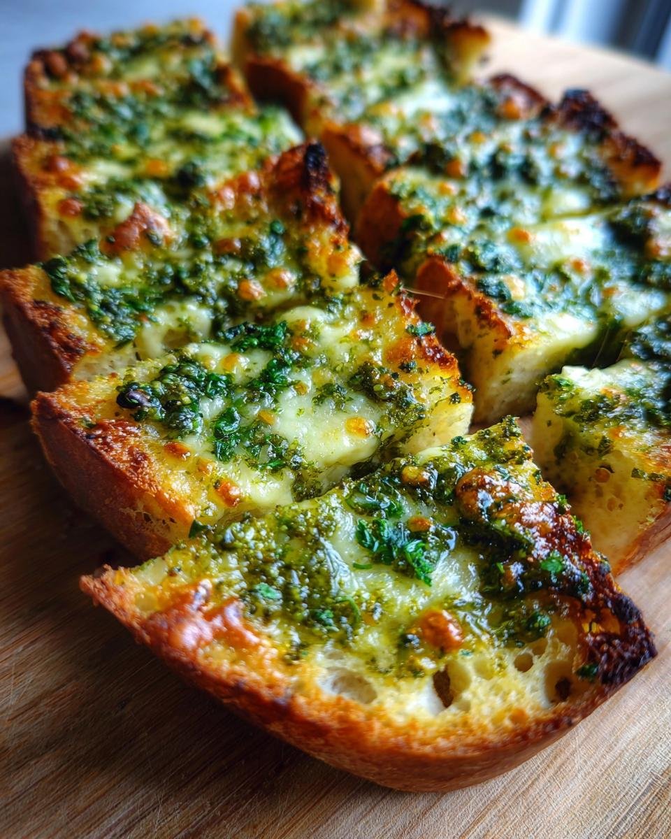 Nahaufnahme von Scheiben Cheesy Pesto Garlic Bread mit geschmolzenem K&auml;se und gr&uuml;nem Pesto.