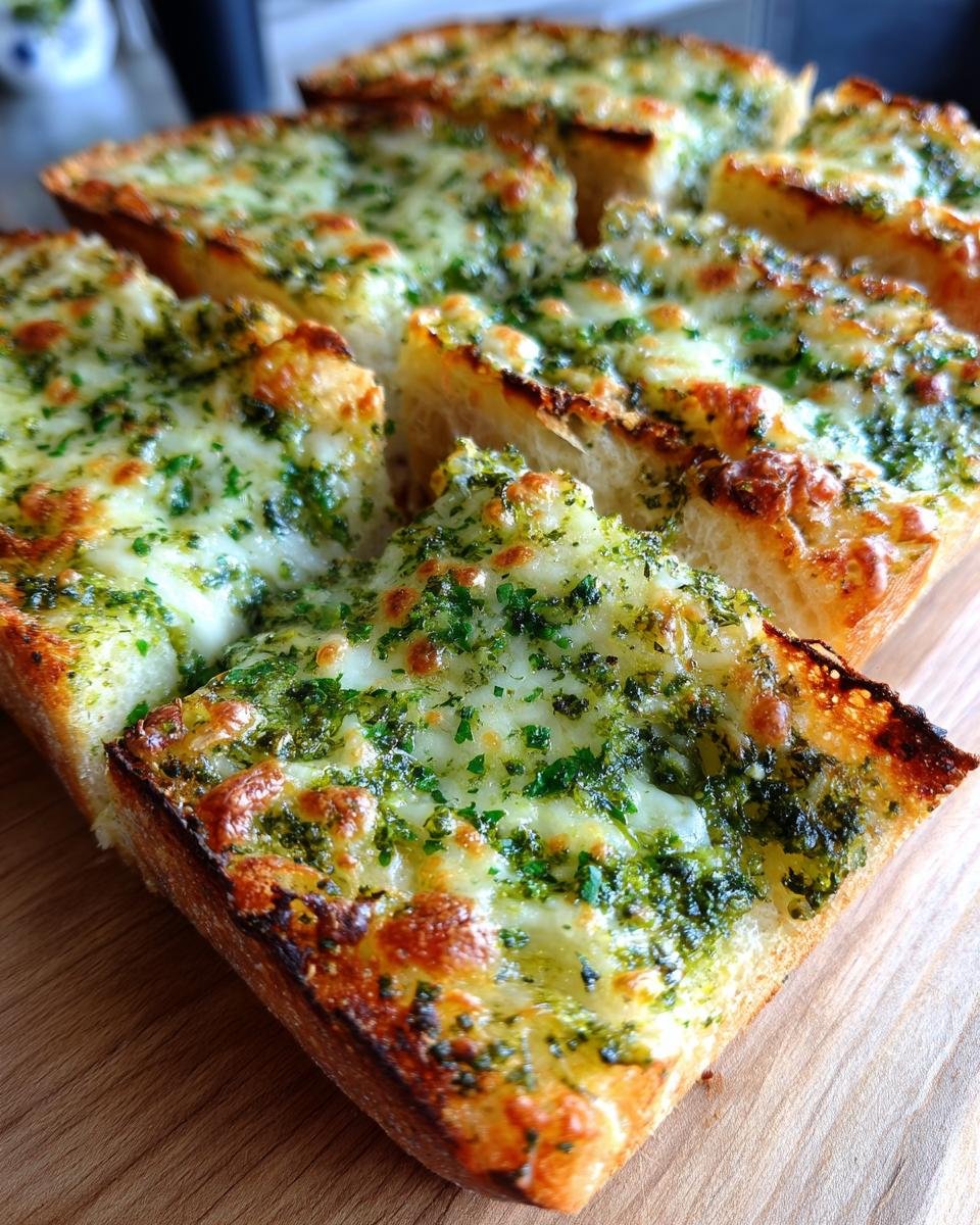 Nahaufnahme von gebackenem Cheesy Pesto Garlic Bread, das in St&uuml;cke geschnitten und mit geschmolzenem K&auml;se und Kr&auml;utern belegt ist.