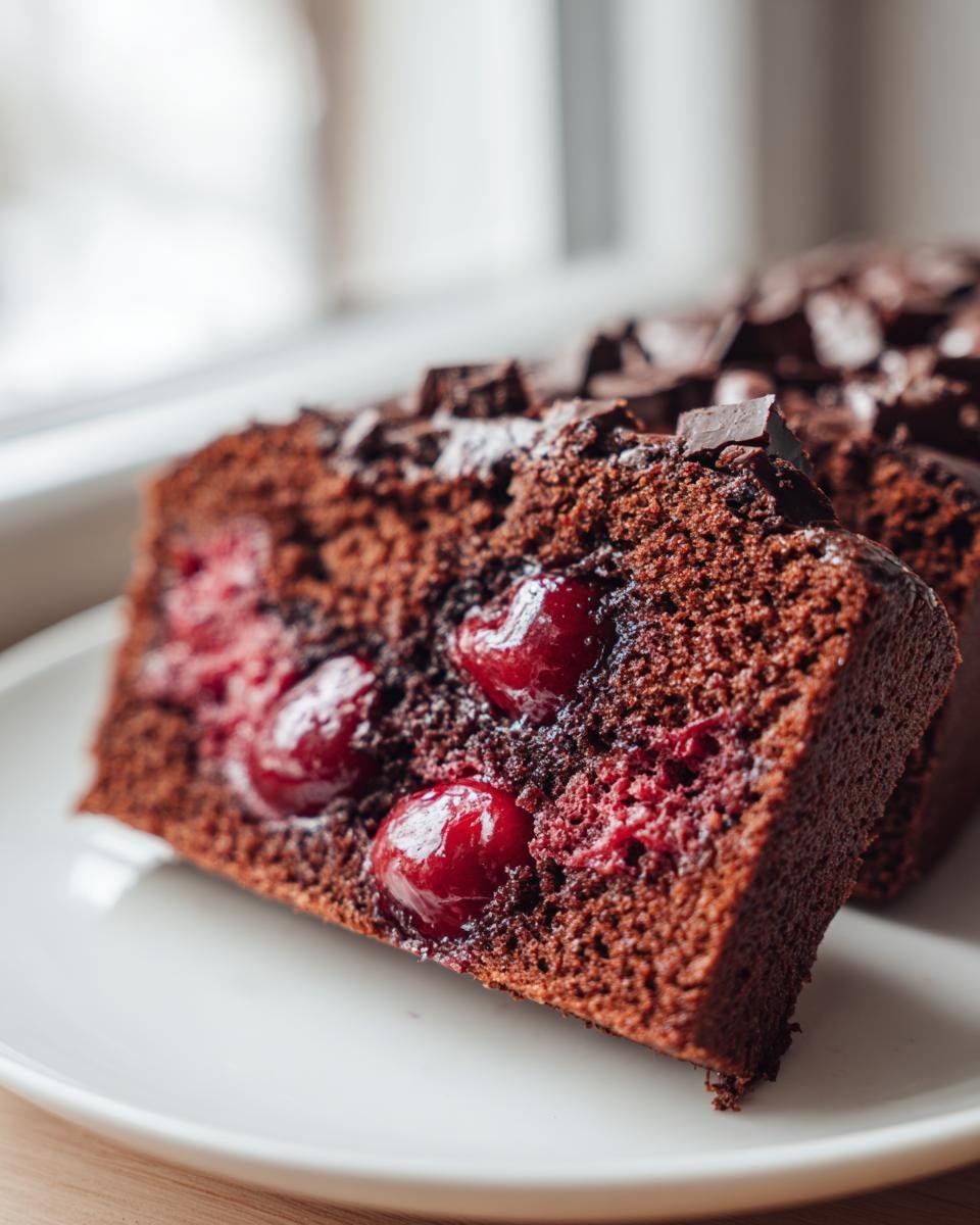 Nahaufnahme eines St&uuml;cks saftigen Cherry Chocolate Cake mit ganzen Kirschen im Teig.