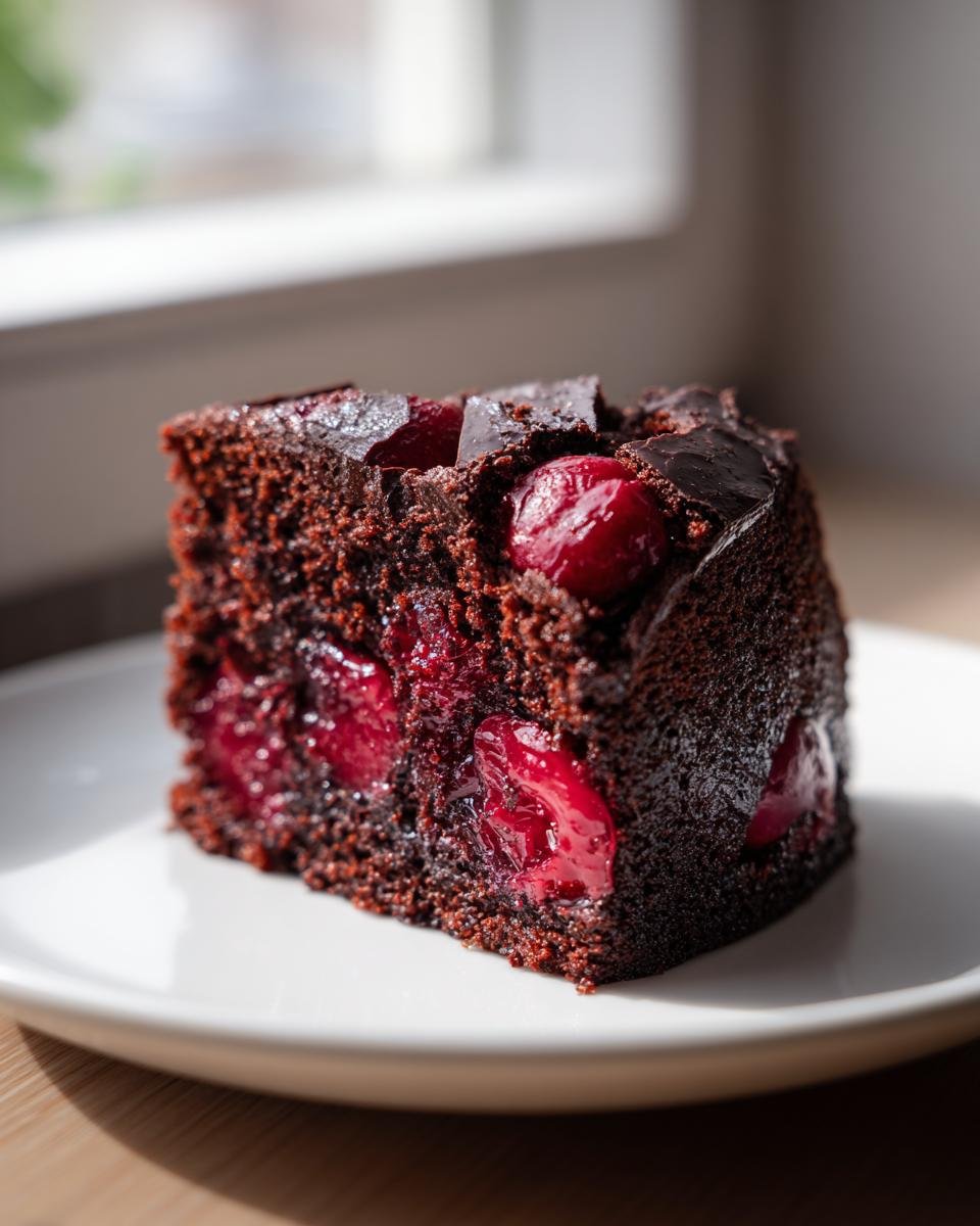 Nahaufnahme eines St&uuml;cks saftigen Cherry Chocolate Cake mit dunklem Teig und ganzen Kirschen.