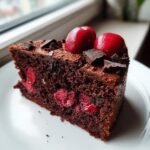 Nahaufnahme eines St&uuml;cks saftigen Cherry Chocolate Cake mit dunklem Teig, Kirschen und Schokost&uuml;ckchen.