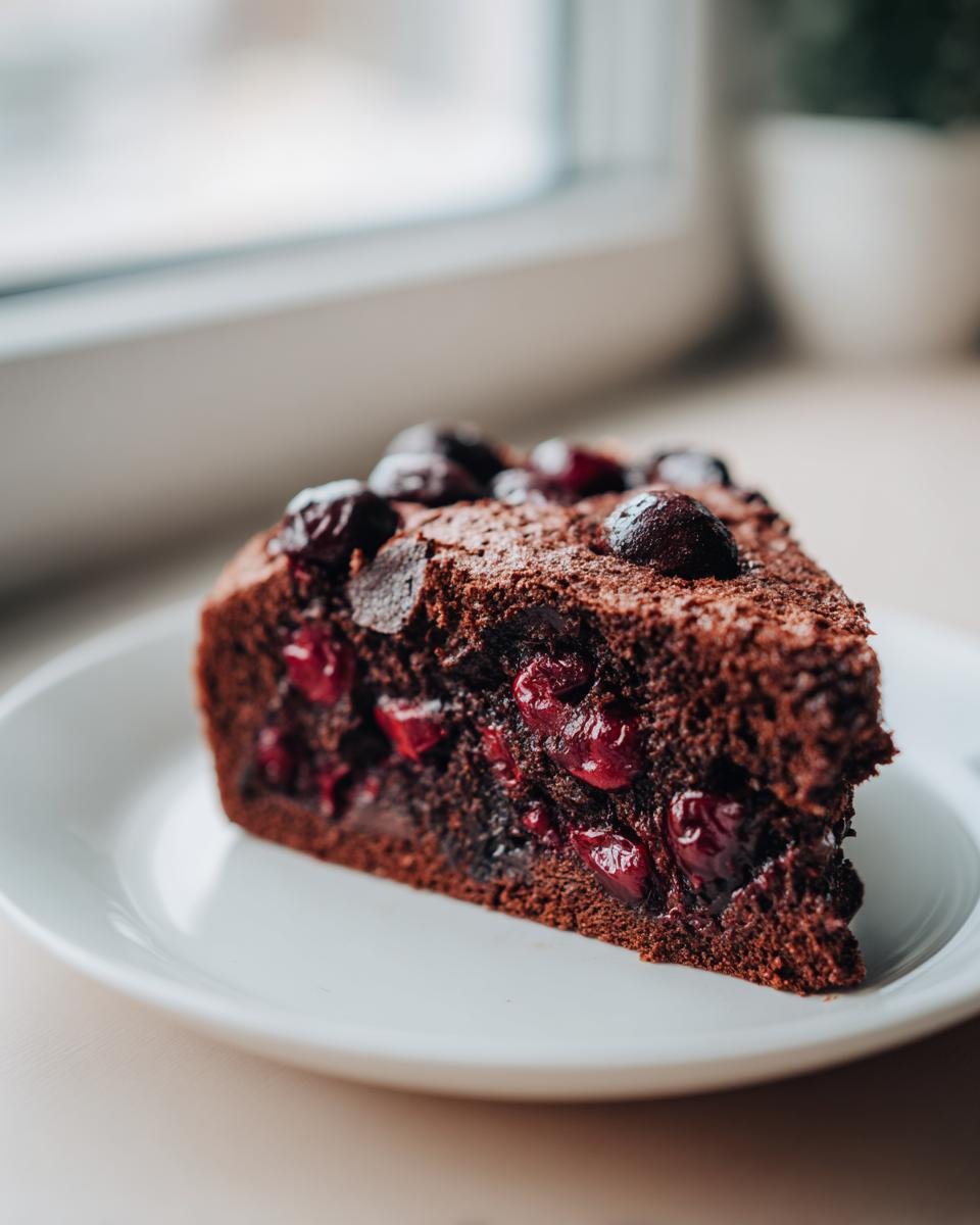 Ein St&uuml;ck saftiger Cherry Chocolate Cake mit dunklen Kirschen auf einem wei&szlig;en Teller.