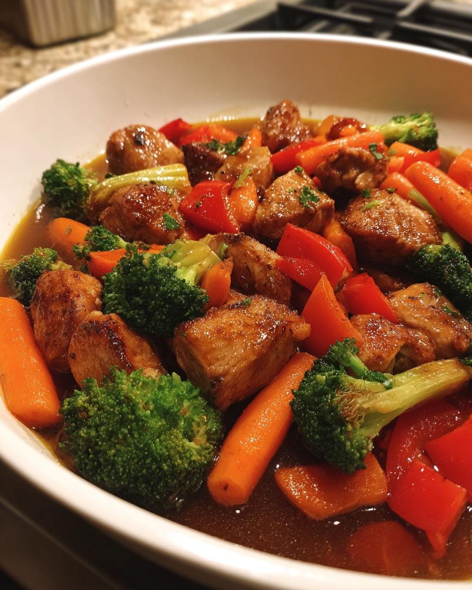 Nahaufnahme von saftigen H&auml;hnchenst&uuml;cken mit Brokkoli, Karotten und roter Paprika in einer w&uuml;rzigen So&szlig;e im Chicken And Vegetables Skillet.