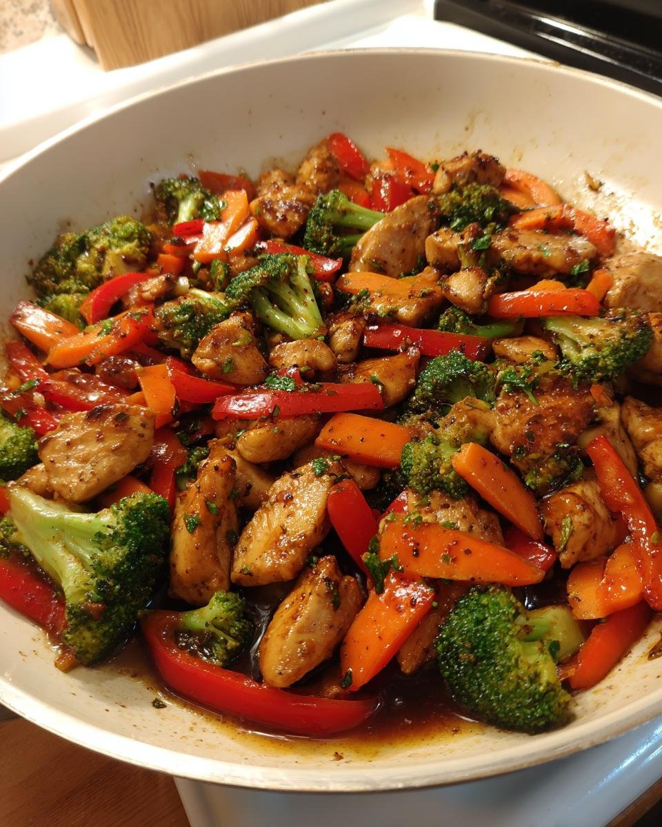 Nahaufnahme vom Chicken And Vegetables Skillet mit gebratenen H&auml;hnchenst&uuml;cken, Brokkoli, Karotten und Paprika in dunkler So&szlig;e.