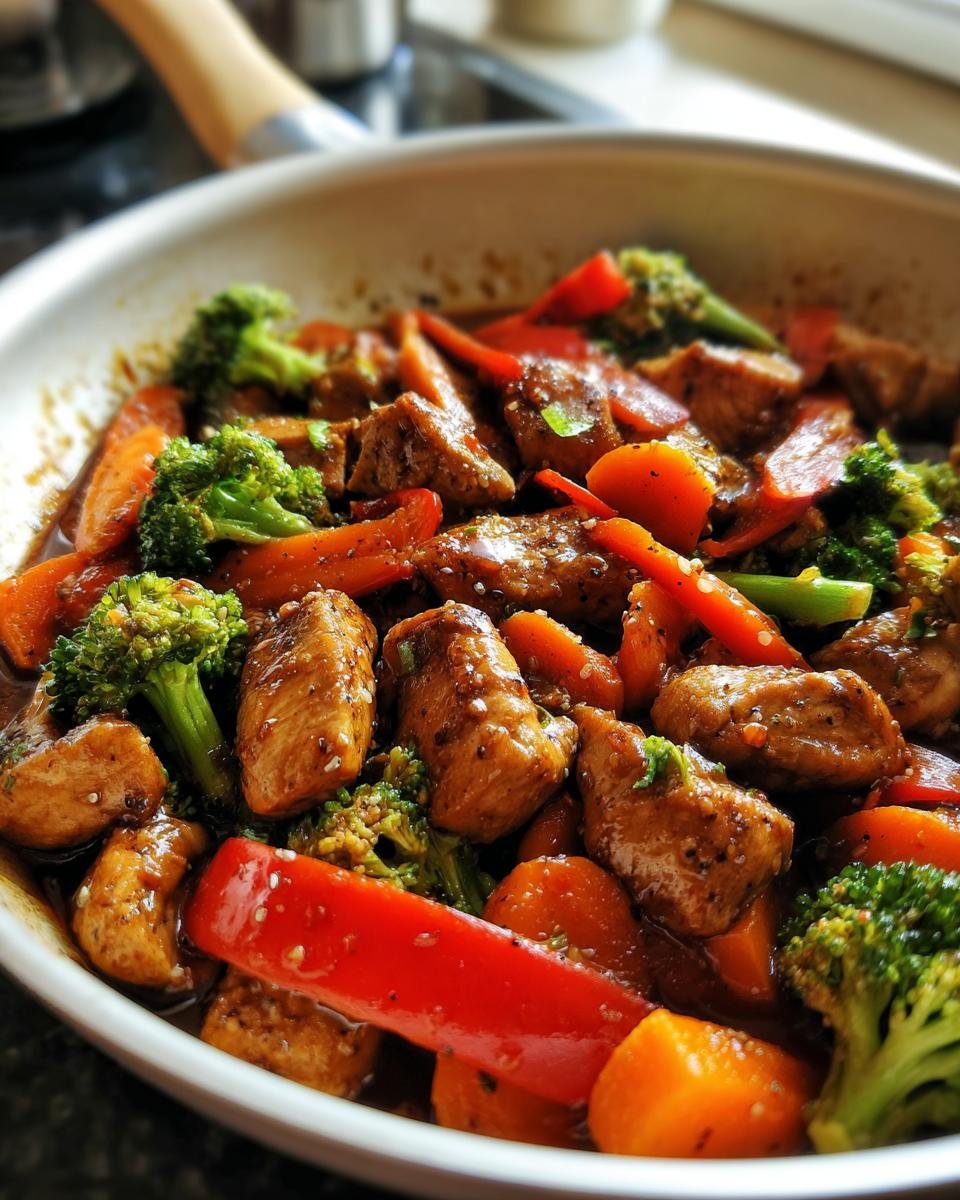 Nahaufnahme von saftigem Chicken And Vegetables Skillet mit Brokkoli, Karotten und Paprika in einer hellen Pfanne.