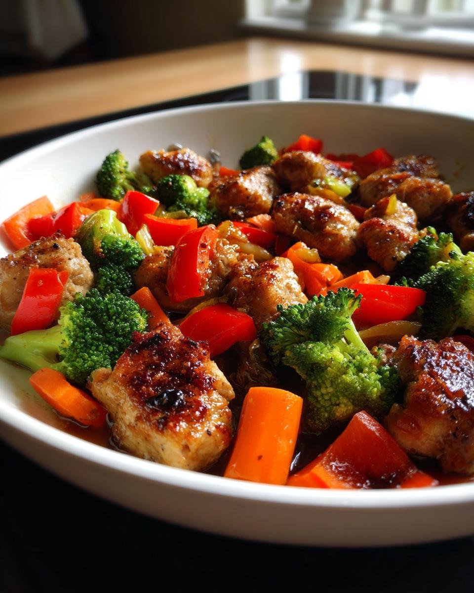 Nahaufnahme einer Sch&uuml;ssel mit Chicken And Vegetables Skillet: gebratene H&auml;hnchenst&uuml;cke mit Brokkoli, Karotten und roter Paprika.