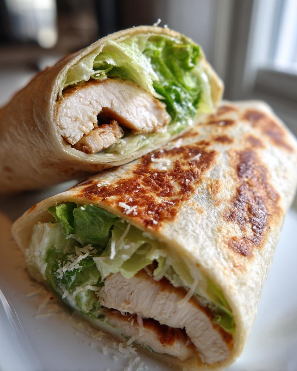 Nahaufnahme von zwei angeschnittenen Chicken Caesar Wraps mit gegrilltem H&auml;hnchen und Salat.