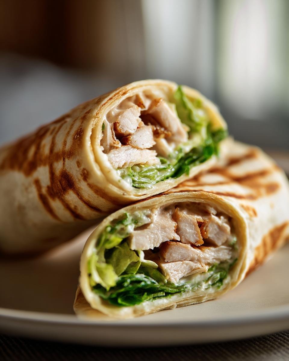 Nahaufnahme von zwei H&auml;lften eines Chicken Caesar Wraps, gef&uuml;llt mit H&auml;hnchen, Salat und cremiger Sauce.