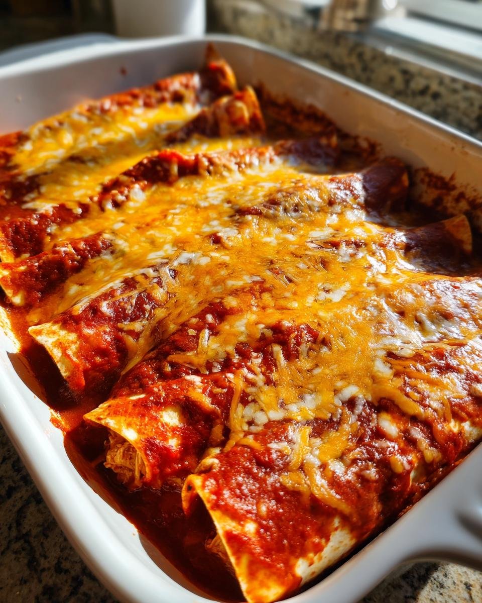 Nahaufnahme von gebackenen Chicken Enchiladas in einer Auflaufform, bedeckt mit roter Sauce und geschmolzenem Käse.