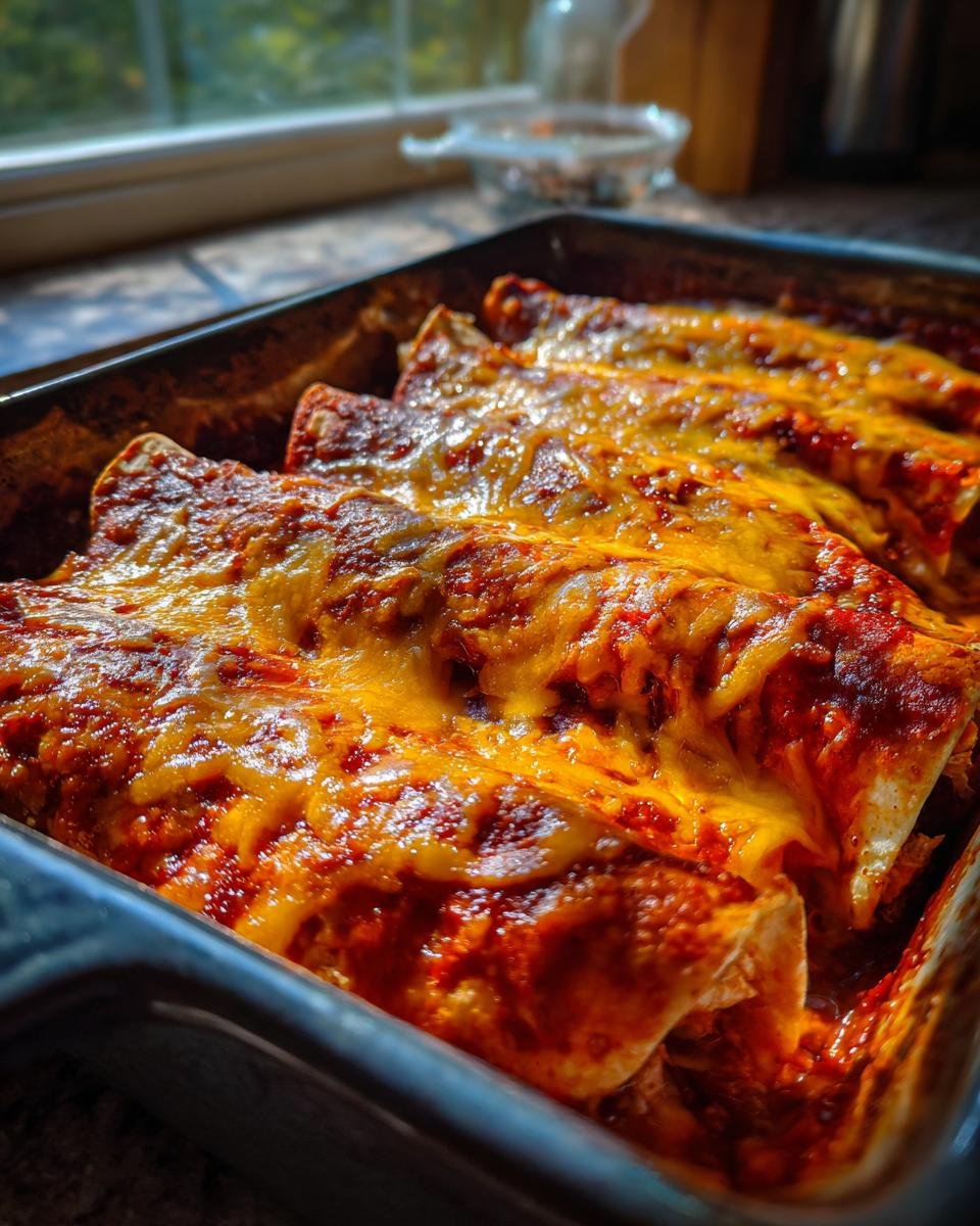 Nahaufnahme von gebackenen Chicken Enchiladas in einer Auflaufform, bedeckt mit geschmolzenem, goldgelbem Käse und roter Sauce.