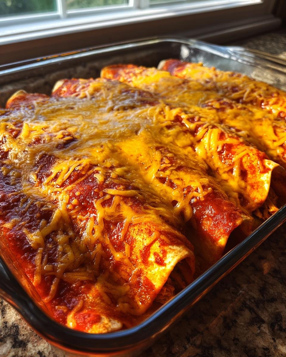 Nahaufnahme von gebackenen Chicken Enchiladas in einer Auflaufform, bedeckt mit roter Sauce und geschmolzenem Cheddar-Käse.