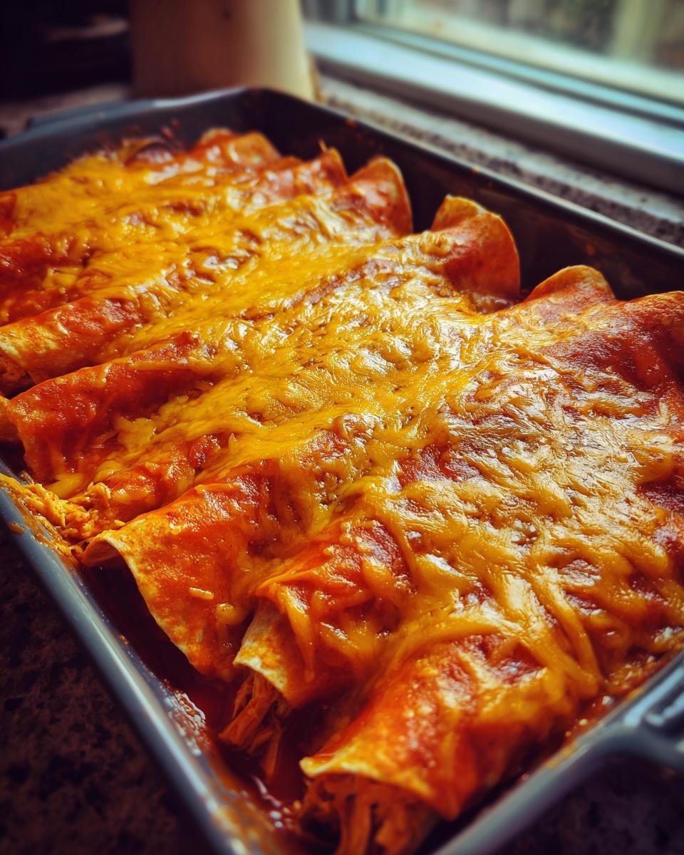 Nahaufnahme von gebackenen Chicken Enchiladas in einer Auflaufform, bedeckt mit geschmolzenem gelbem Käse.