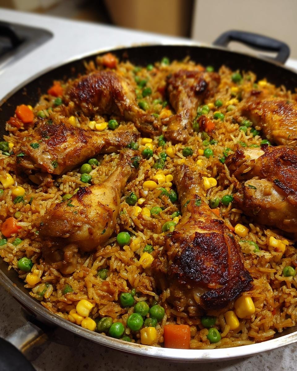 Gebratene H&auml;hnchenkeulen auf w&uuml;rzigem Reis mit Erbsen, Mais und Karotten im Chicken Rice Vegetable Skillet.