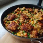 Gebratener Chicken Rice Vegetable Skillet mit H&auml;hnchenst&uuml;cken und buntem Gem&uuml;se in einer Pfanne.