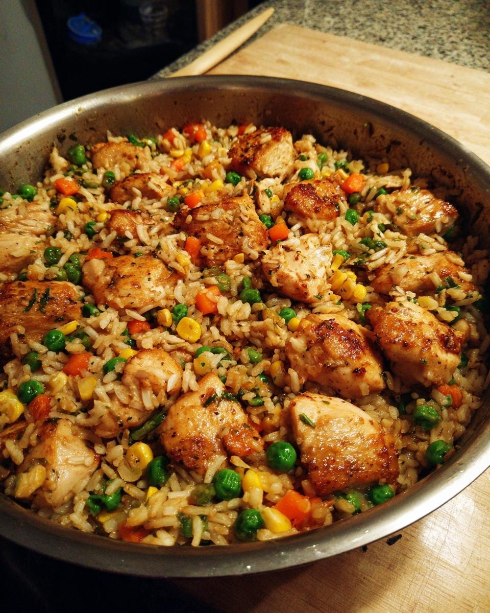 Gebratene H&auml;hnchenst&uuml;cke mit Reis und Gem&uuml;se in einer Pfanne: Chicken Rice Vegetable Skillet.