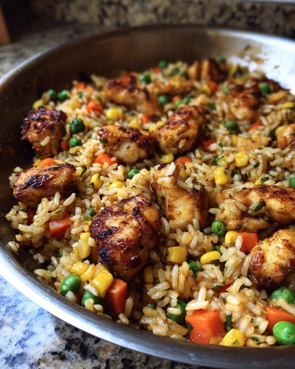 Nahaufnahme eines Chicken Rice Vegetable Skillet mit gebratenen H&auml;hnchenst&uuml;cken und Gem&uuml;se in einer Pfanne.