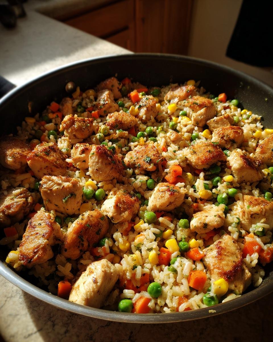 Gebratene H&auml;hnchenst&uuml;cke mit Reis und Gem&uuml;se (Erbsen, Karotten, Mais) im Chicken Rice Vegetable Skillet.