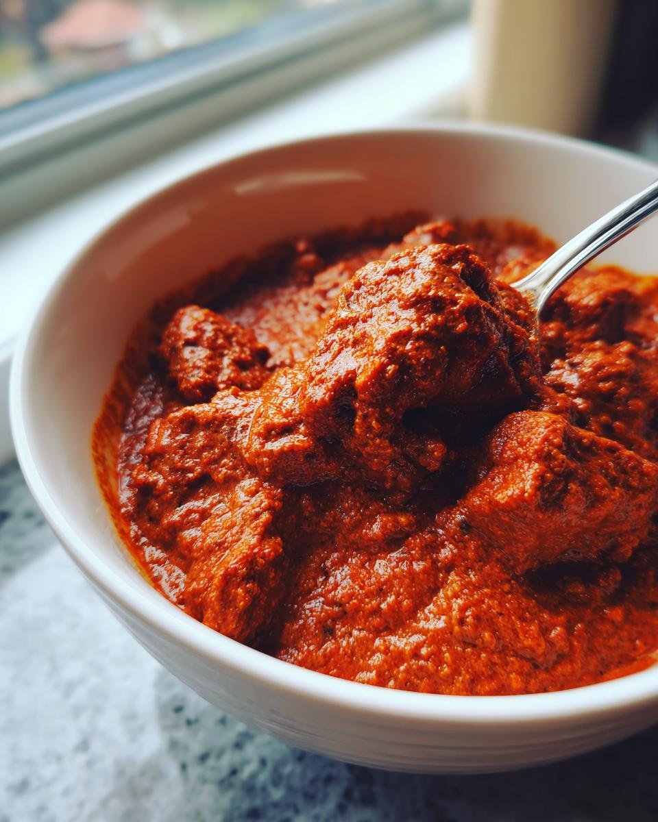 Nahaufnahme von cremigem, leuchtend rotem Chicken Rogan Josh in einer wei&szlig;en Sch&uuml;ssel, mit einem L&ouml;ffel voller Curry.